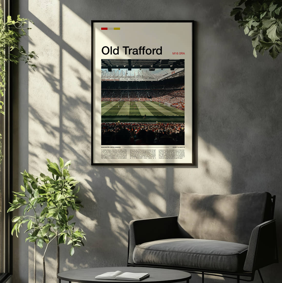 Old Trafford Stadium Print framed on the wall of a relaxed living room