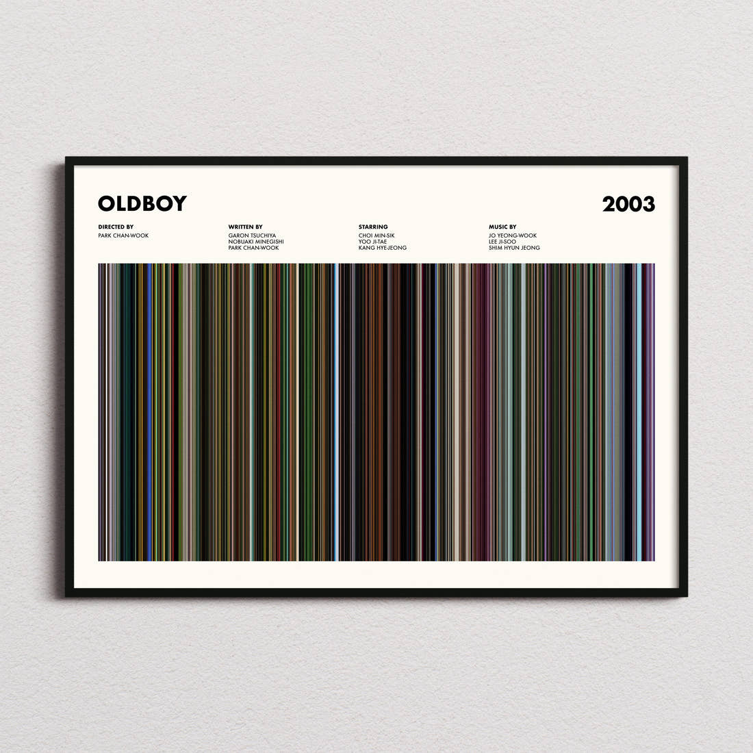 Oldboy 2003 Movie Barcode Poster framed and photographed straight on