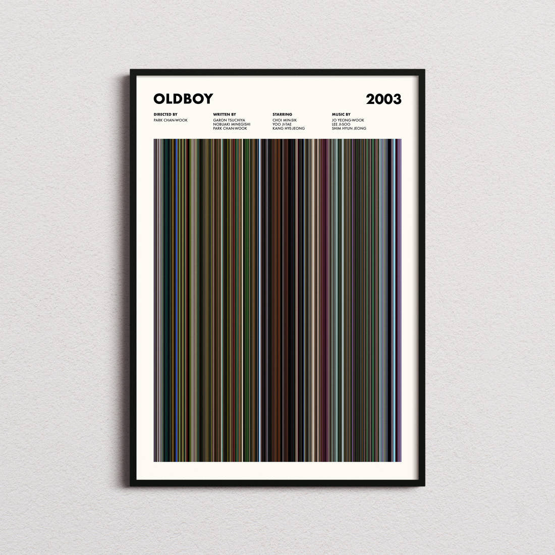 Oldboy 2003 Movie Barcode Poster framed on a plain studio wall