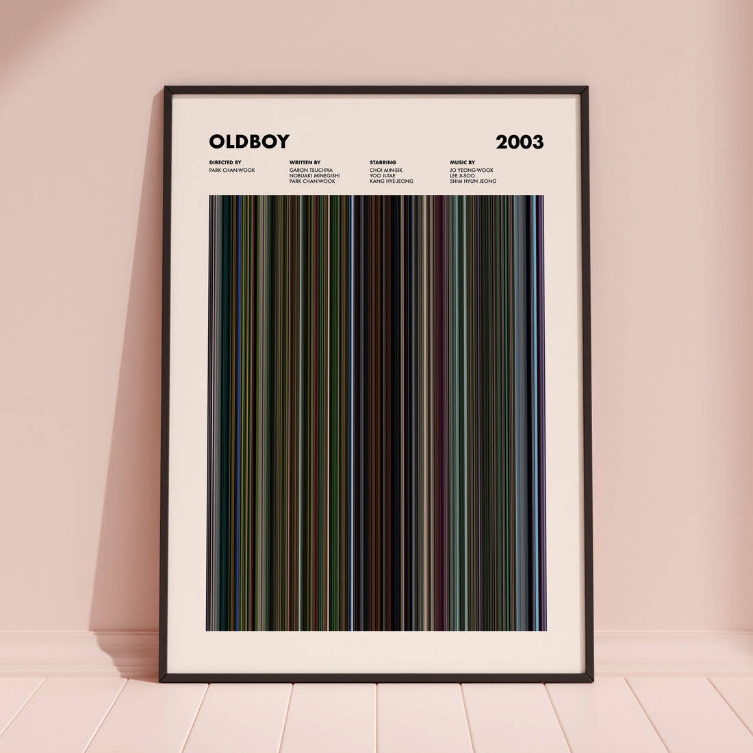 Oldboy 2003 Movie Barcode Poster framed and leaning against a coloured wall