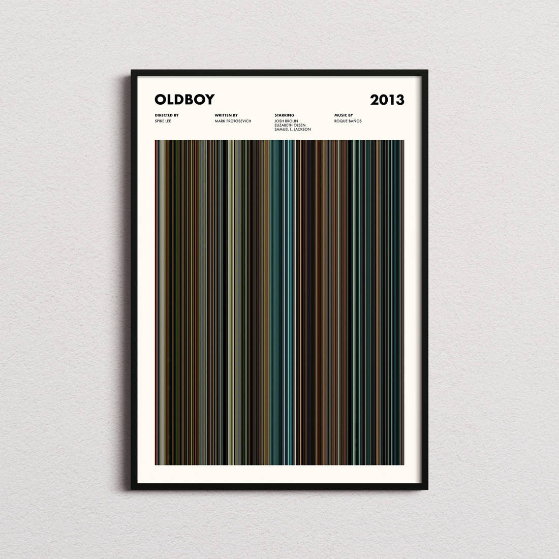 Oldboy 2013 Movie Barcode Poster framed on a plain studio wall