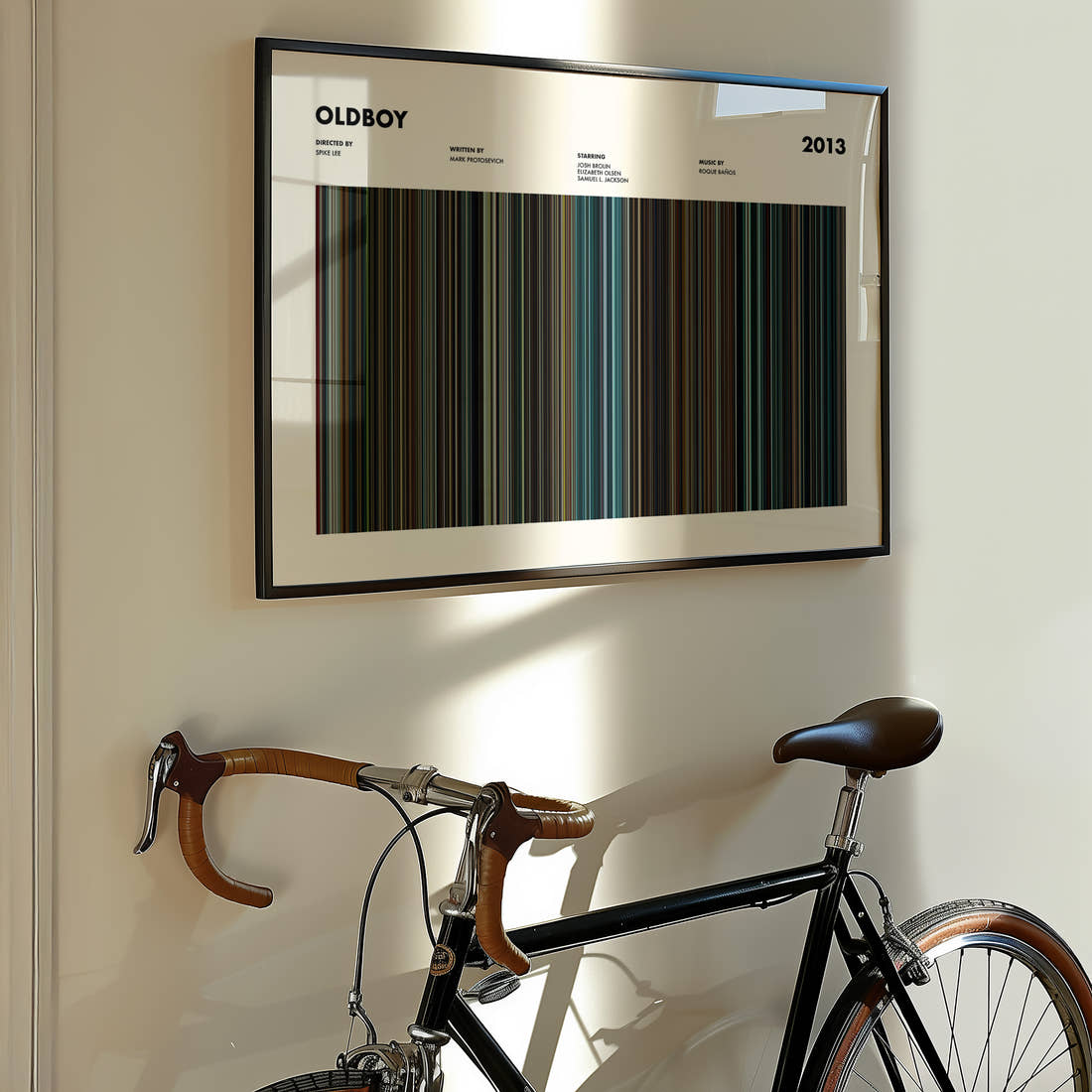 Oldboy 2013 Movie Barcode Poster framed on the wall of a styled room setting