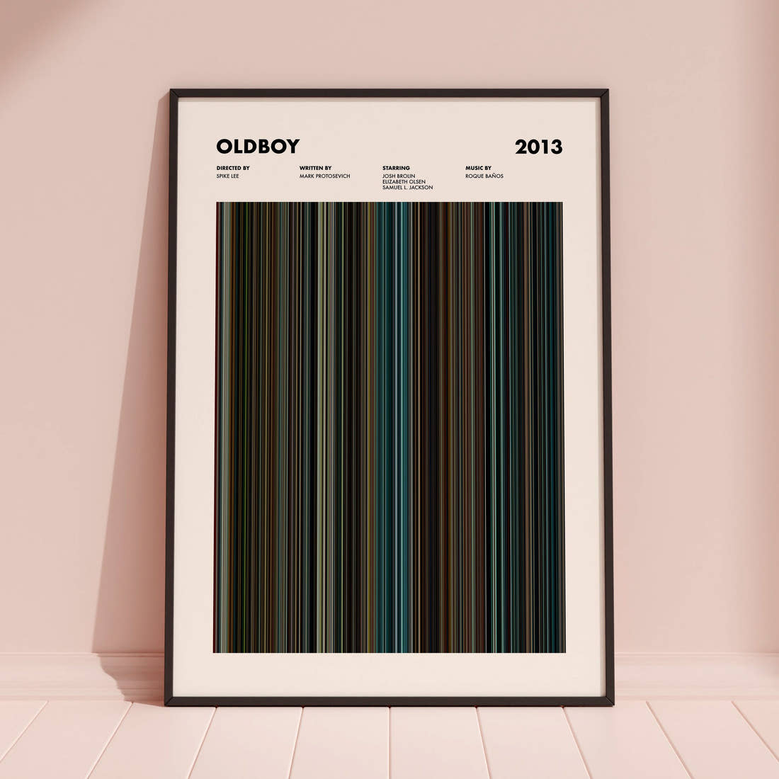 Oldboy 2013 Movie Barcode Poster framed and leaning against a coloured wall