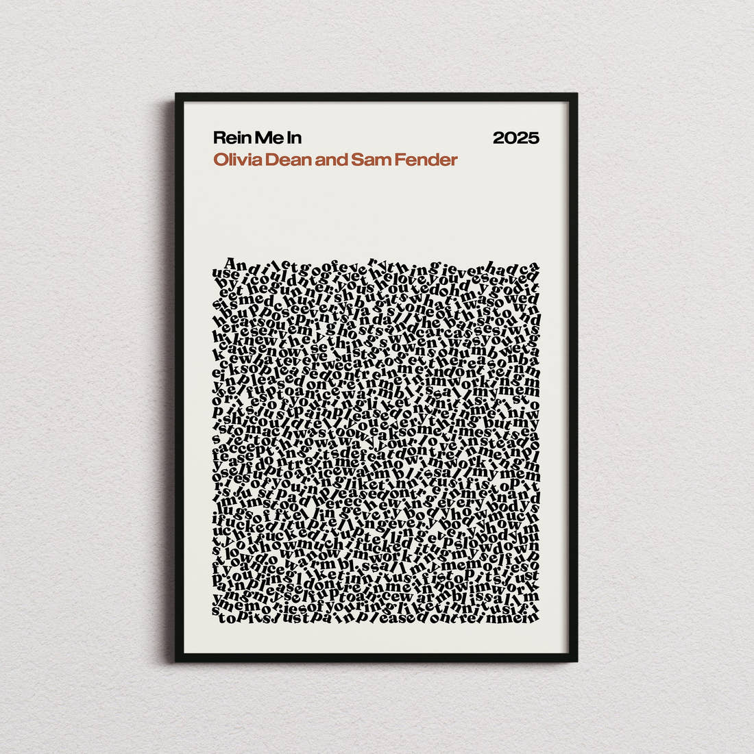 Olivia Dean and Sam Fender Rein Me In Lyric Print in the cream colourway, framed