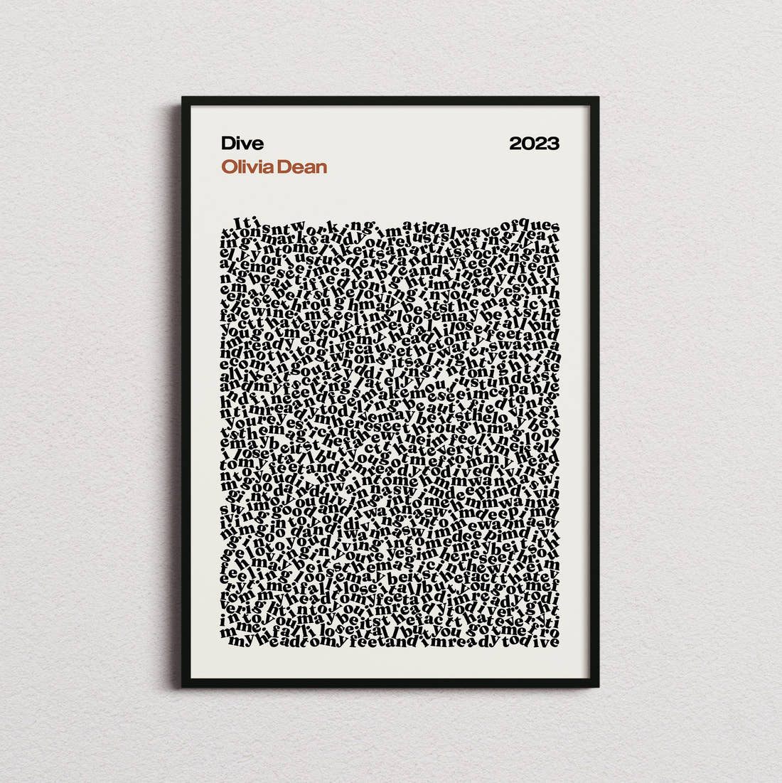 Olivia Dean Dive Lyric Print in the cream colourway, framed
