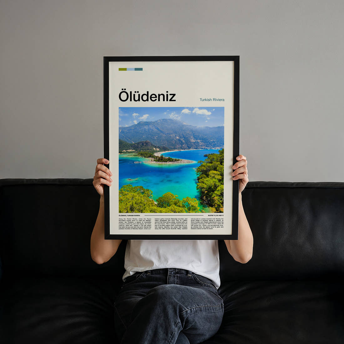 Ölüdeniz Turquoise Lagoon Aerial Travel Print held up by hand to show the size of the print