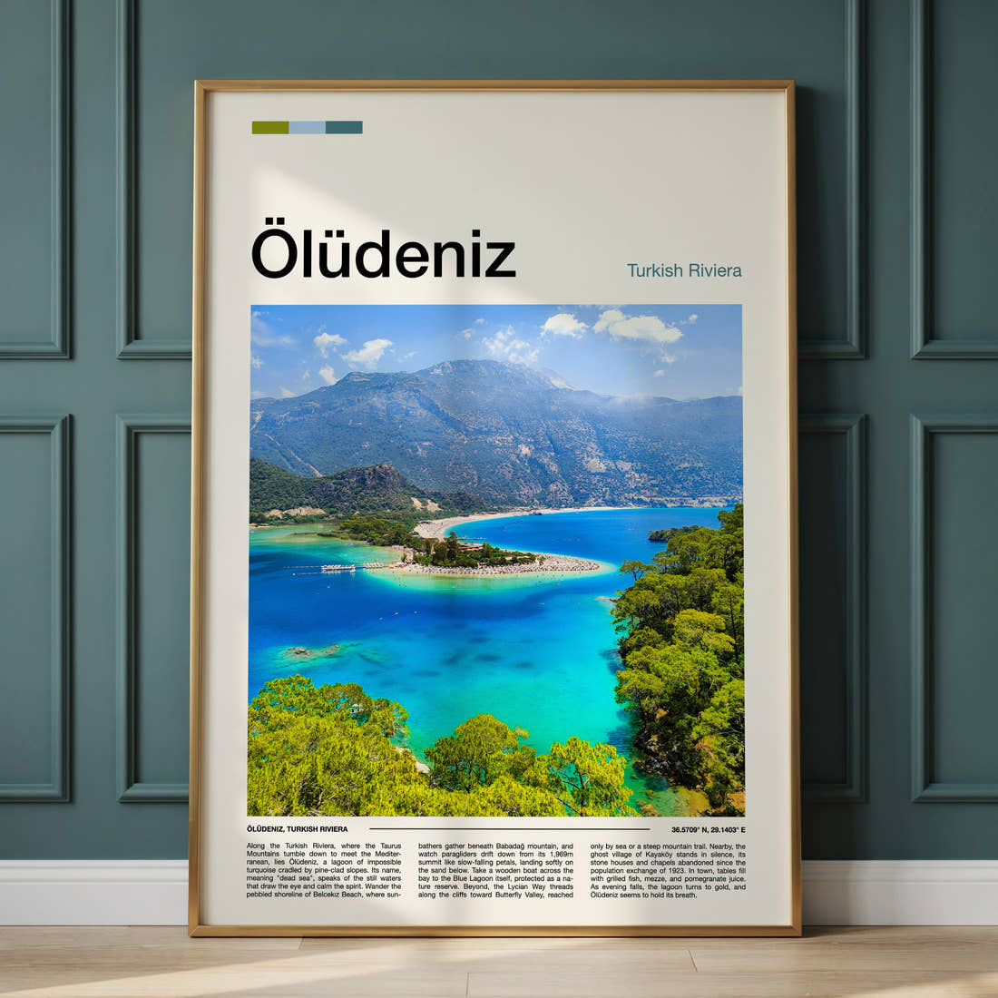 Ölüdeniz Turquoise Lagoon Aerial Travel Print framed on the wall of a calm, neutral bedroom