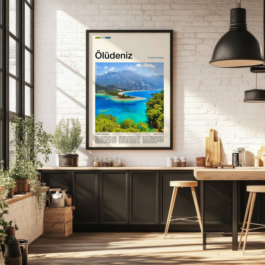 Ölüdeniz Turquoise Lagoon Aerial Travel Print framed on the wall of a bright kitchen and dining space