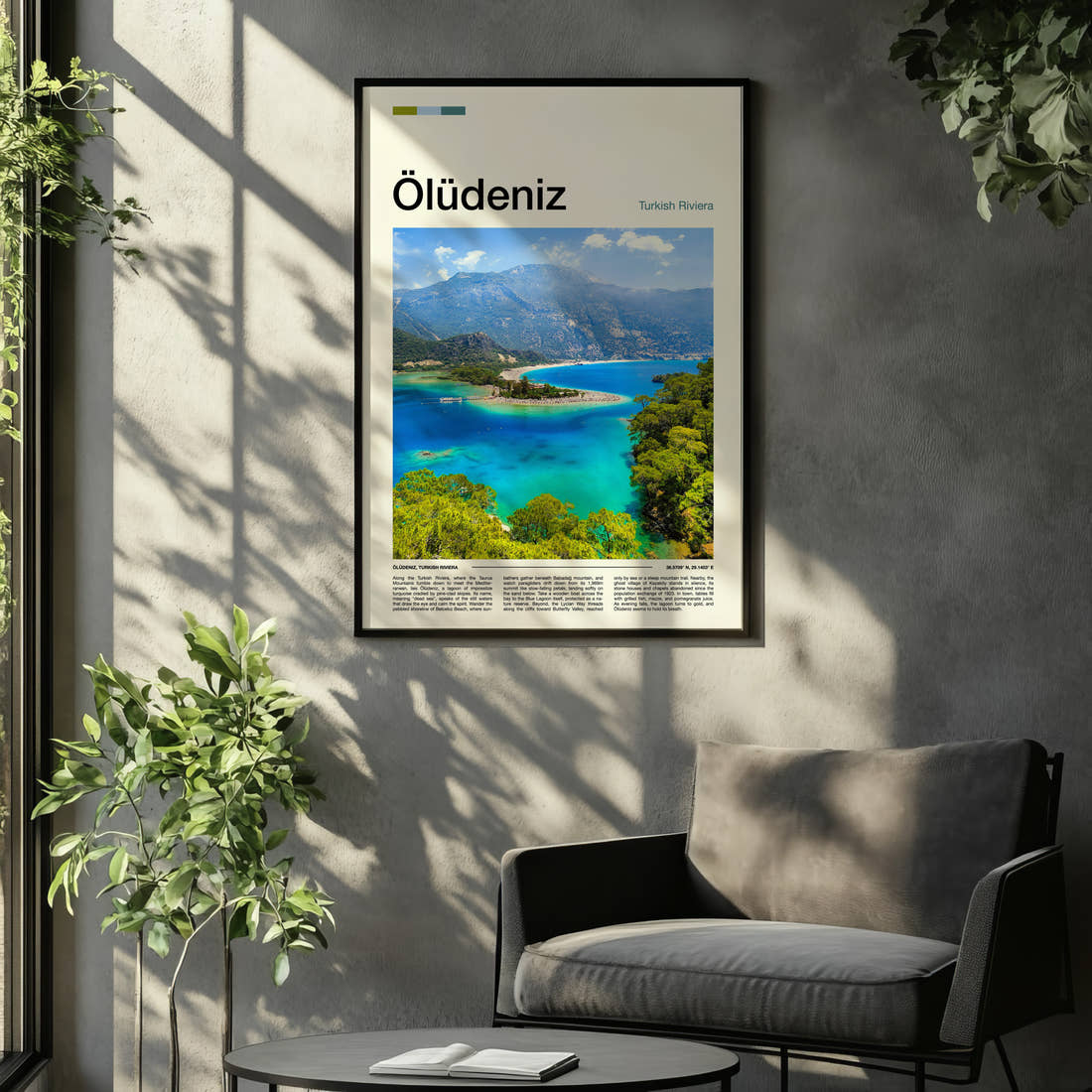 Ölüdeniz Turquoise Lagoon Aerial Travel Print framed on the wall of a relaxed living room