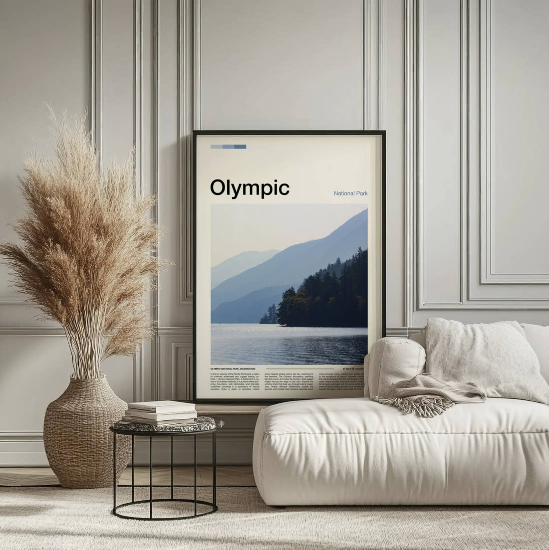Olympic Misty Lake And Hills Travel Print framed on the wall of a calm, neutral bedroom