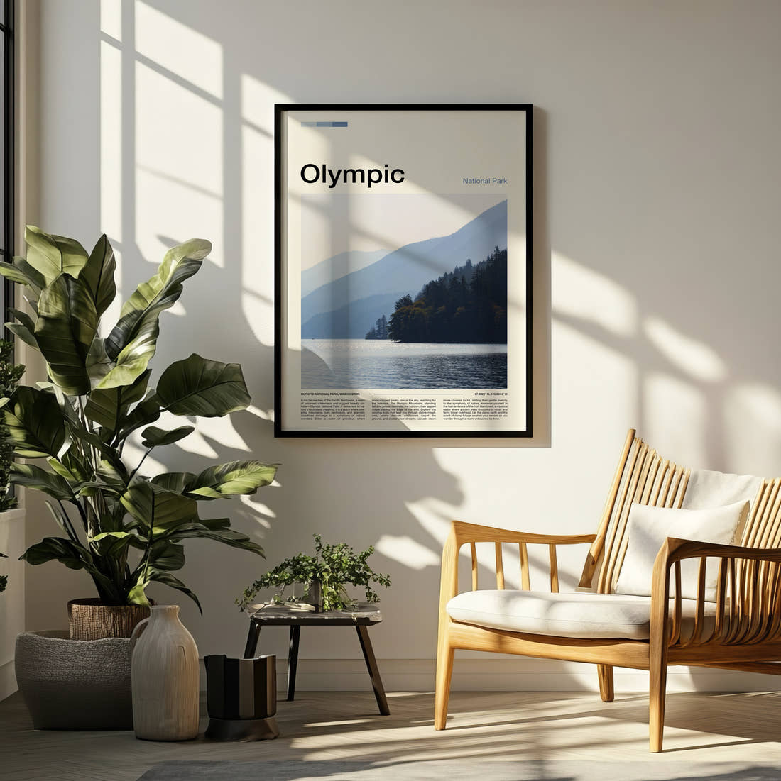 Olympic Misty Lake And Hills Travel Print framed on a pale wall beside houseplants