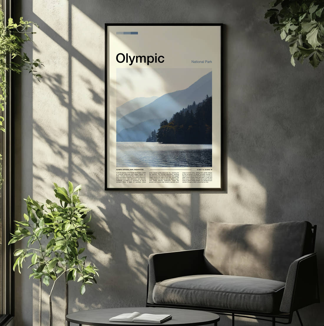 Olympic Misty Lake And Hills Travel Print framed on the wall of a relaxed living room