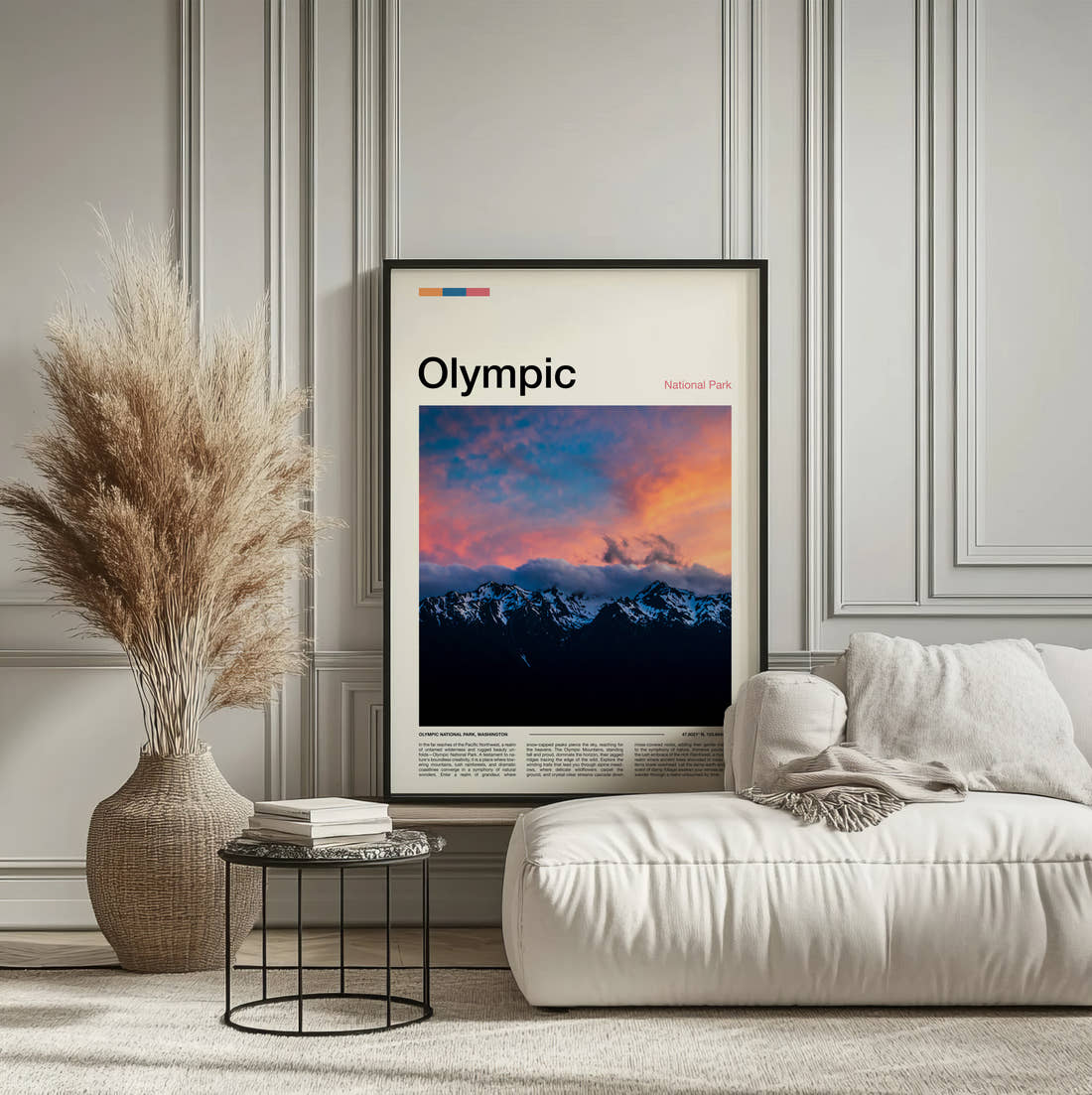 Olympic Snowy Mountains At Dusk Travel Print framed on the wall of a calm, neutral bedroom