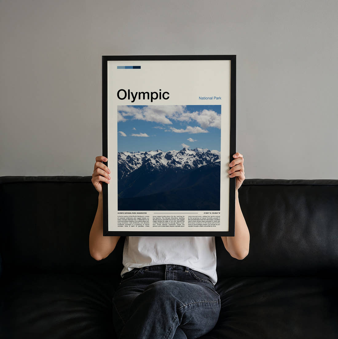 Olympic Snowy Mountain Range Travel Print held up by hand to show the size of the print