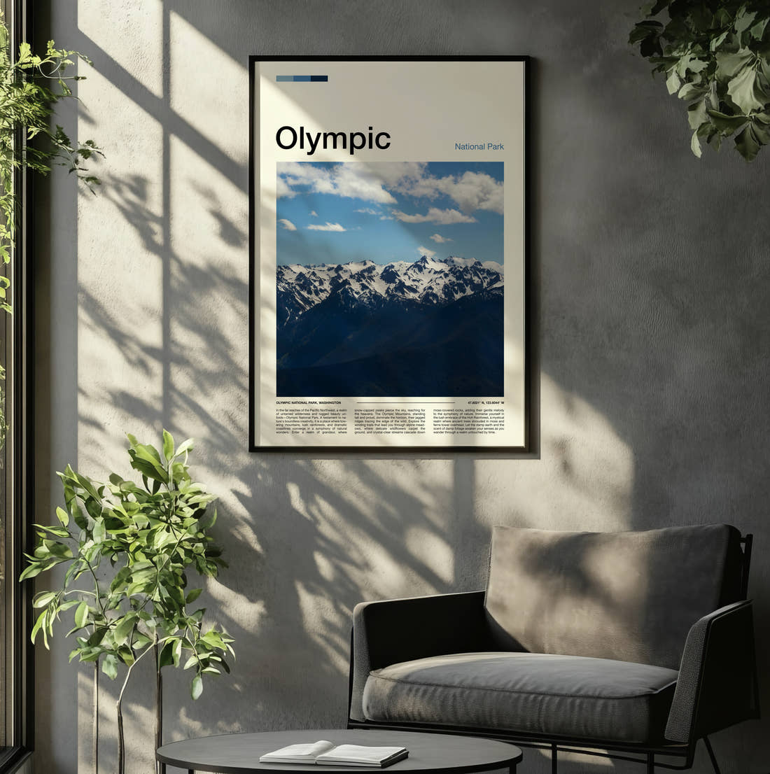Olympic Snowy Mountain Range Travel Print framed on the wall of a relaxed living room