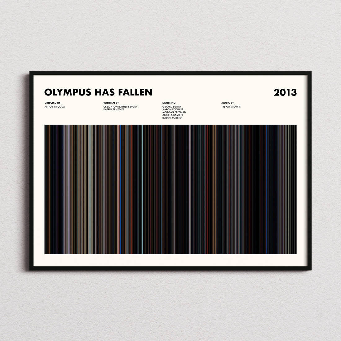 Olympus Has Fallen Movie Barcode Poster framed and photographed straight on