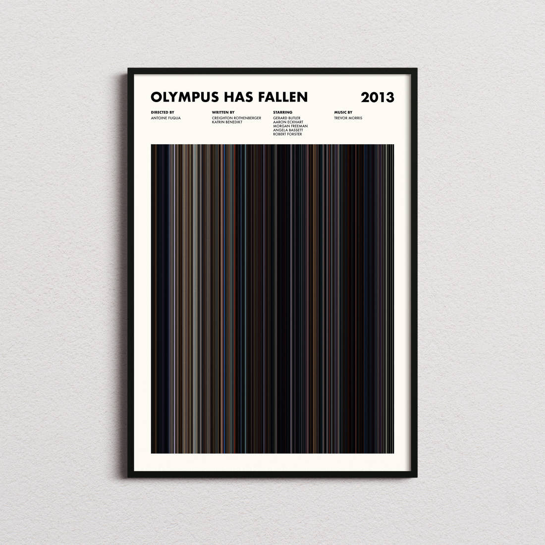 Olympus Has Fallen Movie Barcode Poster framed on a plain studio wall