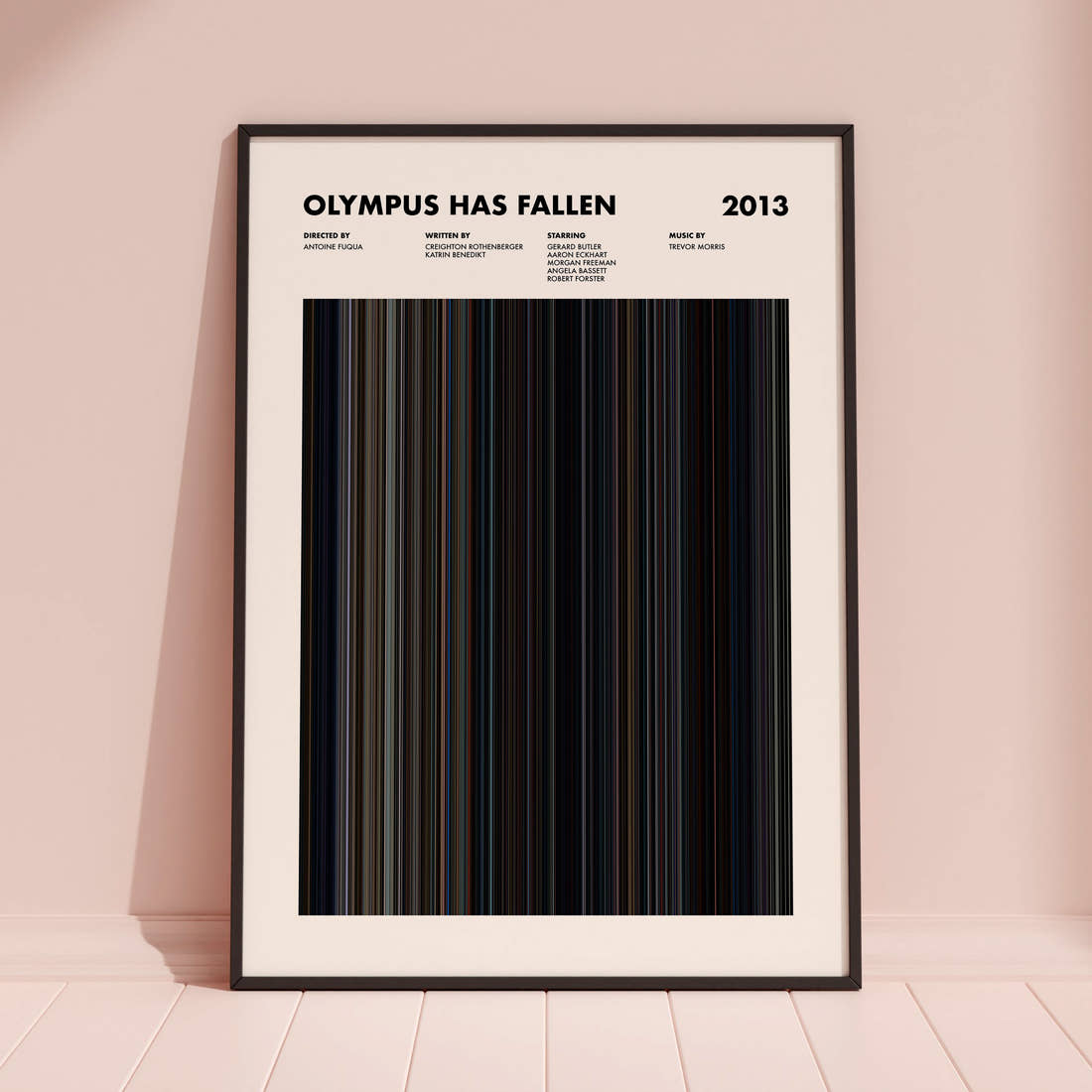 Olympus Has Fallen Movie Barcode Poster framed and leaning against a coloured wall