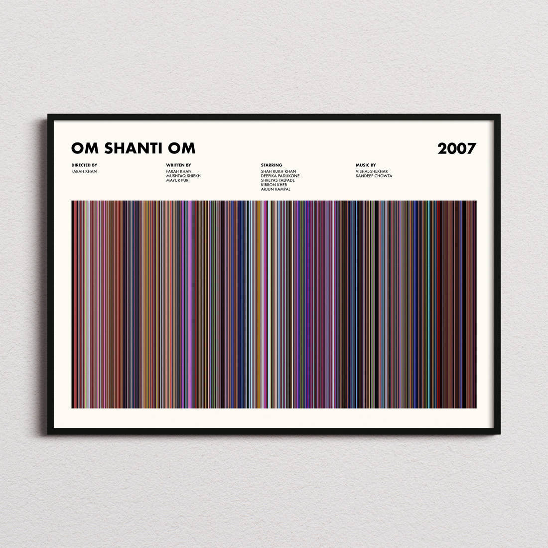 Om Shanti Om Movie Barcode Poster framed and photographed straight on