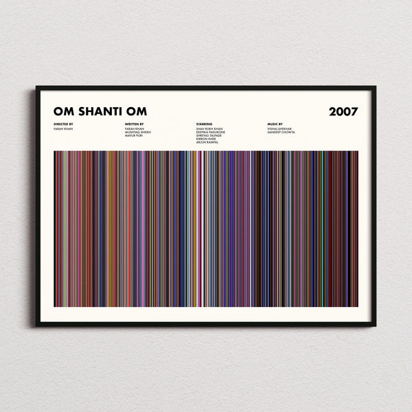 Om Shanti Om Movie Barcode Poster framed and photographed straight on