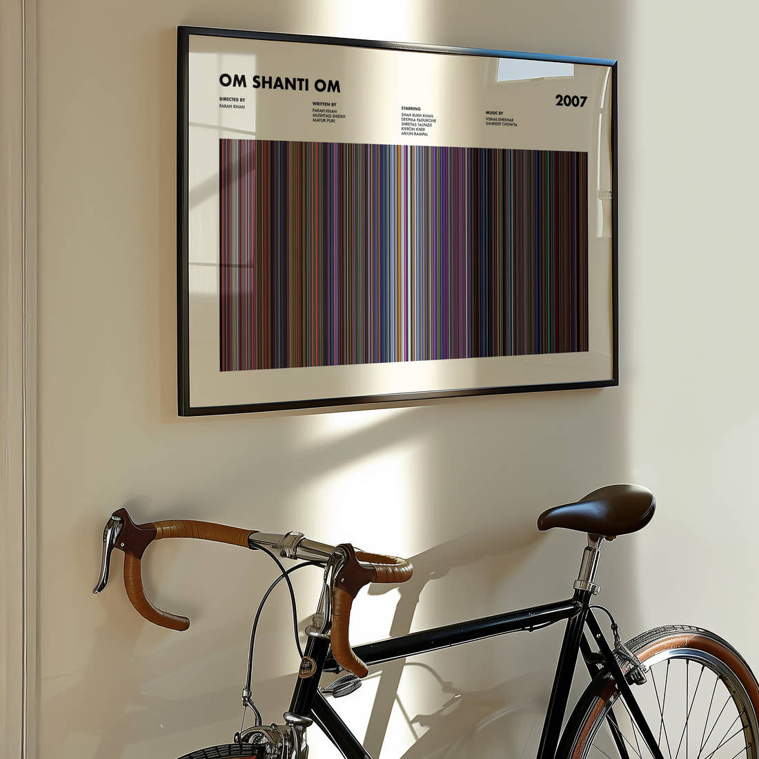Om Shanti Om Movie Barcode Poster framed on the wall of a styled room setting
