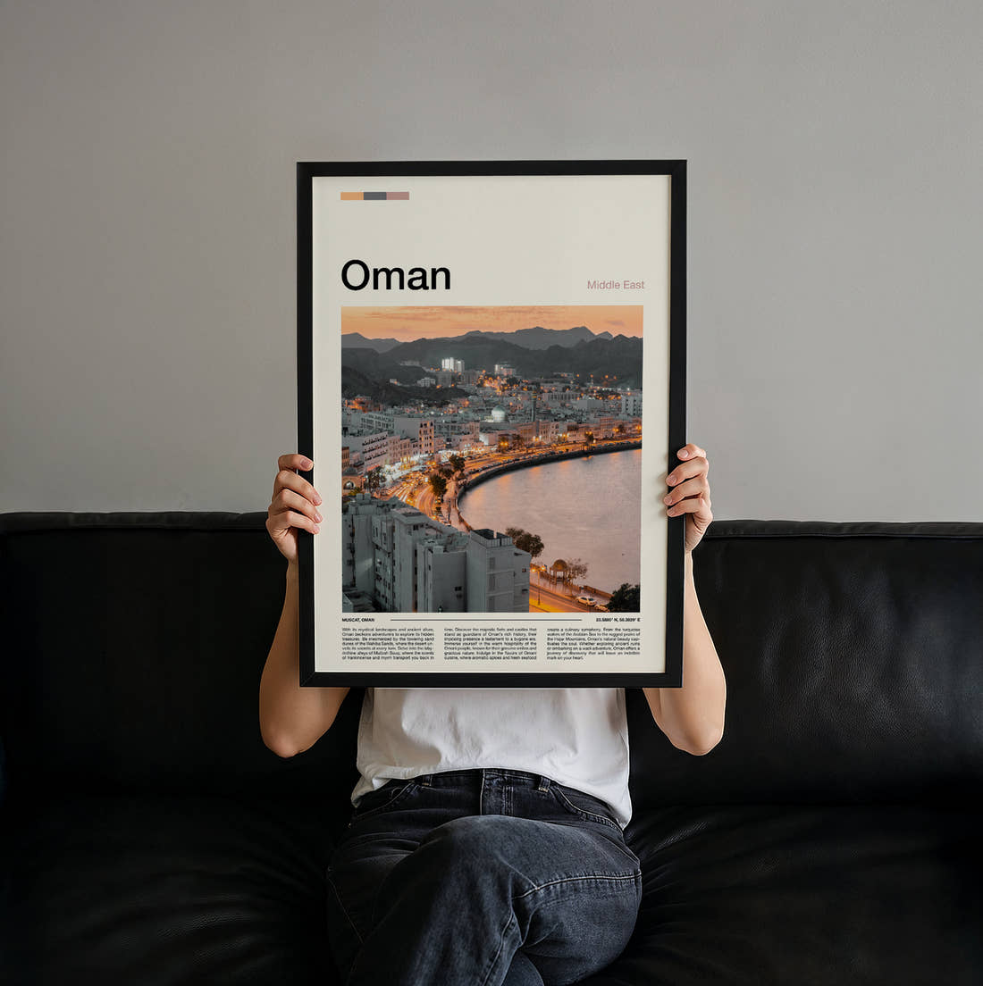 Oman Corniche Along The Bay Travel Print held up by hand to show the size of the print