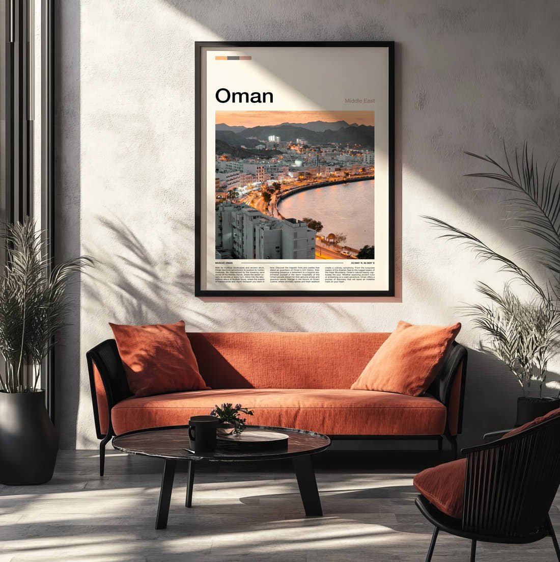 Oman Corniche Along The Bay Travel Print framed on the wall of a modern living room