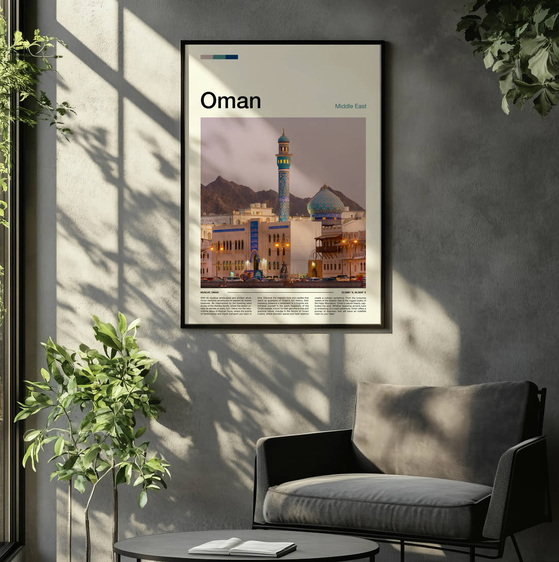 Oman Blue Tiled Mosque Travel Print framed on the wall of a relaxed living room