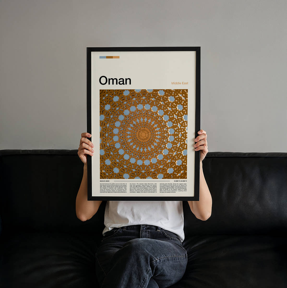 Oman Golden Ceiling Medallion Travel Print held up by hand to show the size of the print