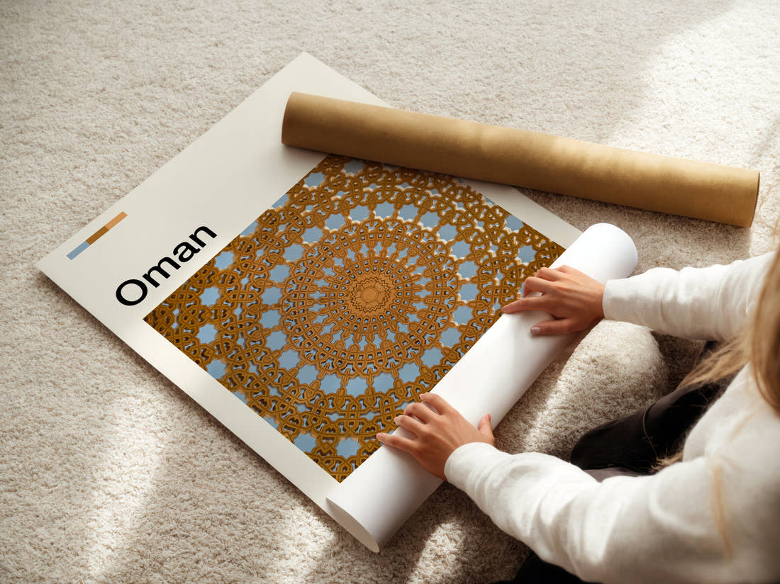 Oman Golden Ceiling Medallion Travel Print being unrolled from its postal tube