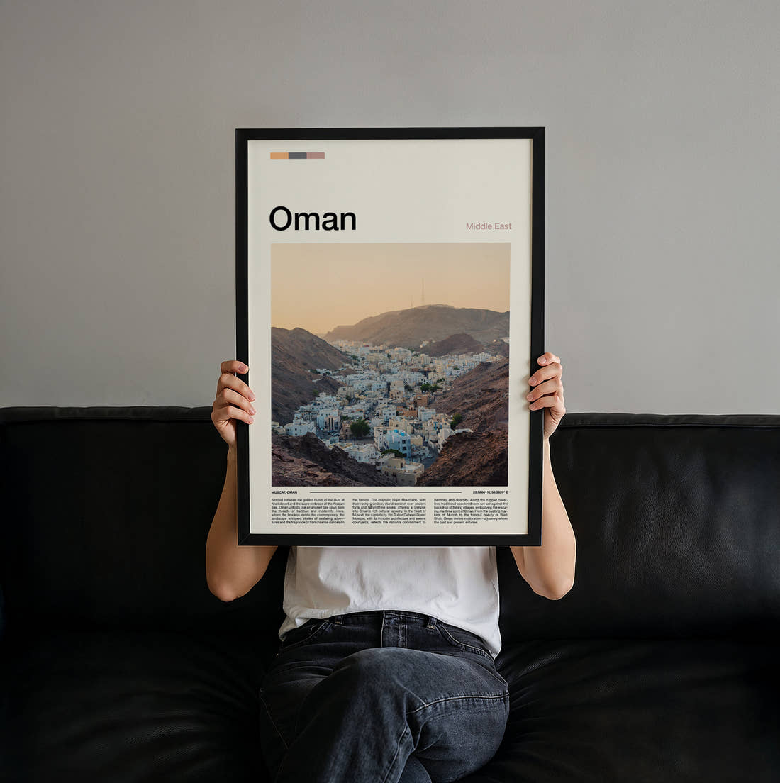 Oman Whitewashed Houses In The Valley Travel Print held up by hand to show the size of the print