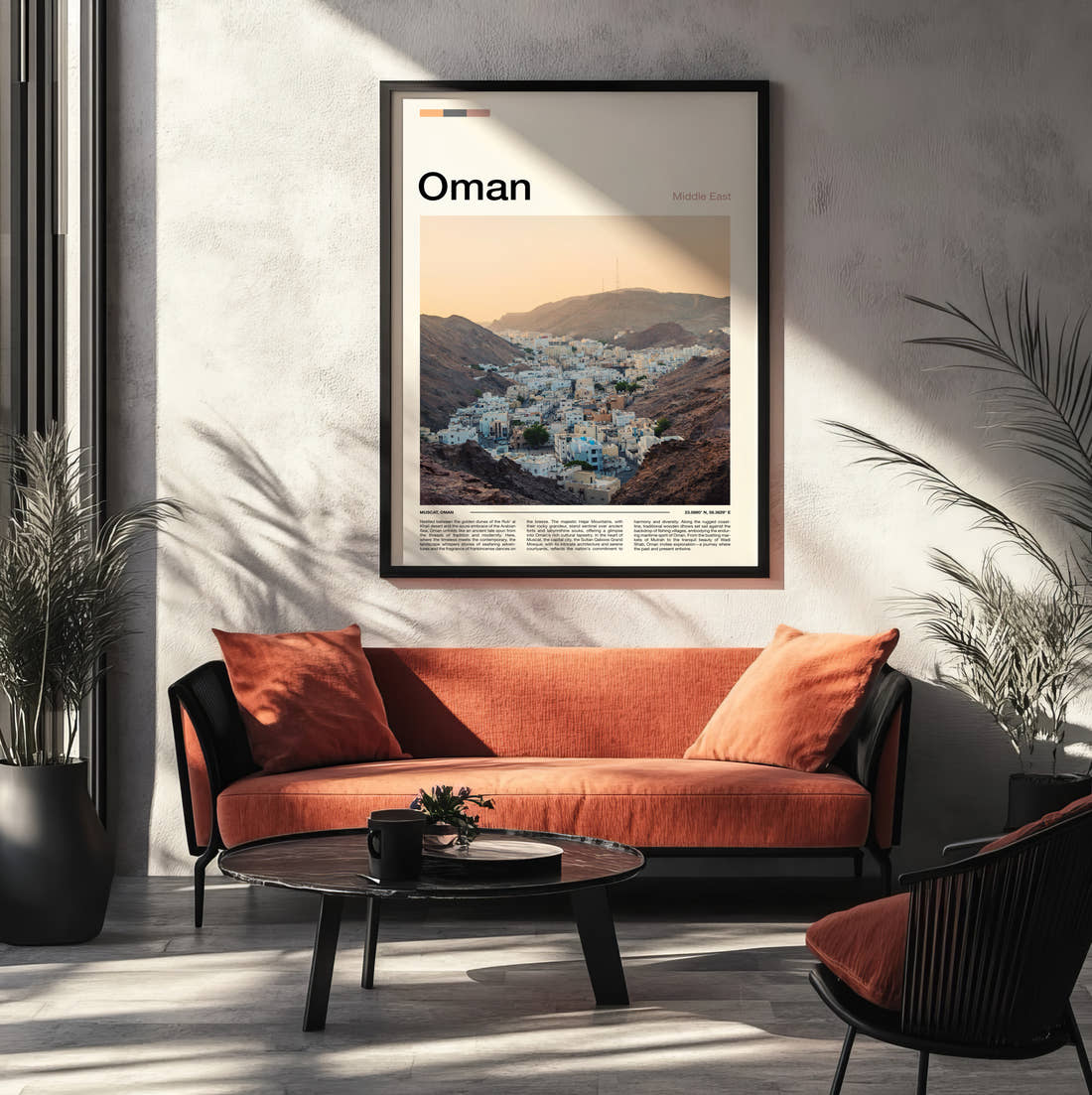 Oman Whitewashed Houses In The Valley Travel Print framed on the wall of a modern living room