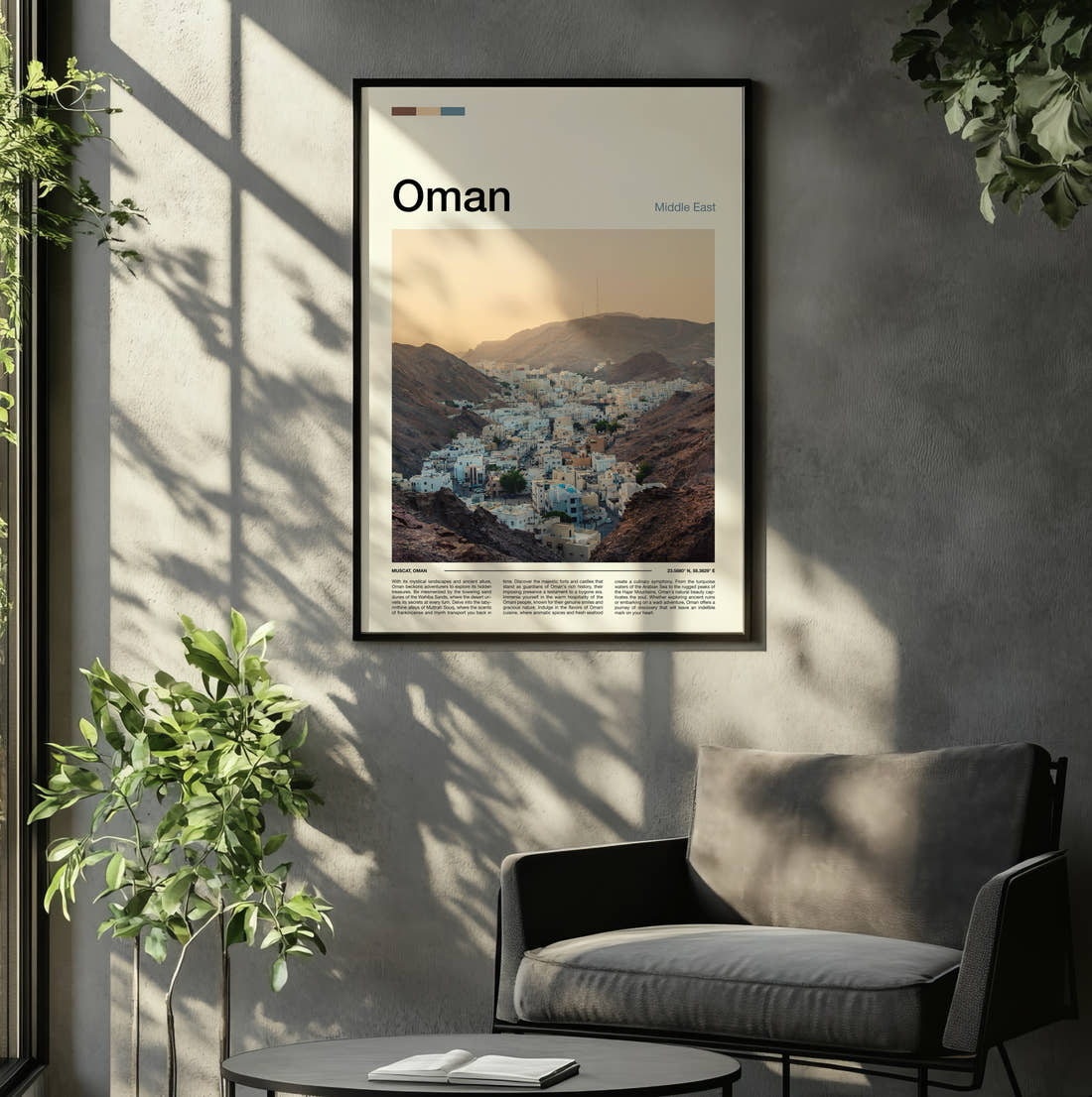 Oman White Village Below The Hills Travel Print framed on the wall of a relaxed living room