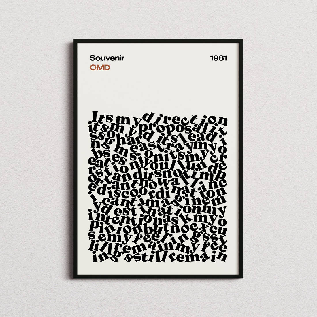 OMD Souvenir Lyric Print in the cream colourway, framed