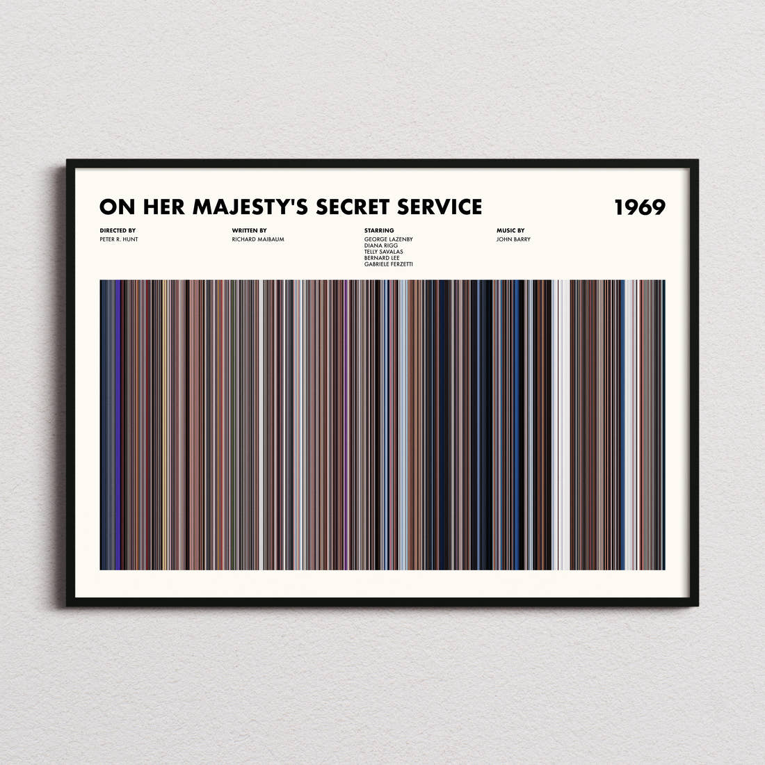 On Her Majesty's Secret Service Movie Barcode Poster framed and photographed straight on