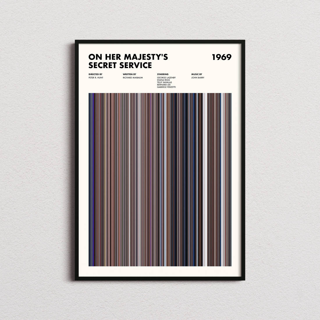 On Her Majesty's Secret Service Movie Barcode Poster framed on a plain studio wall