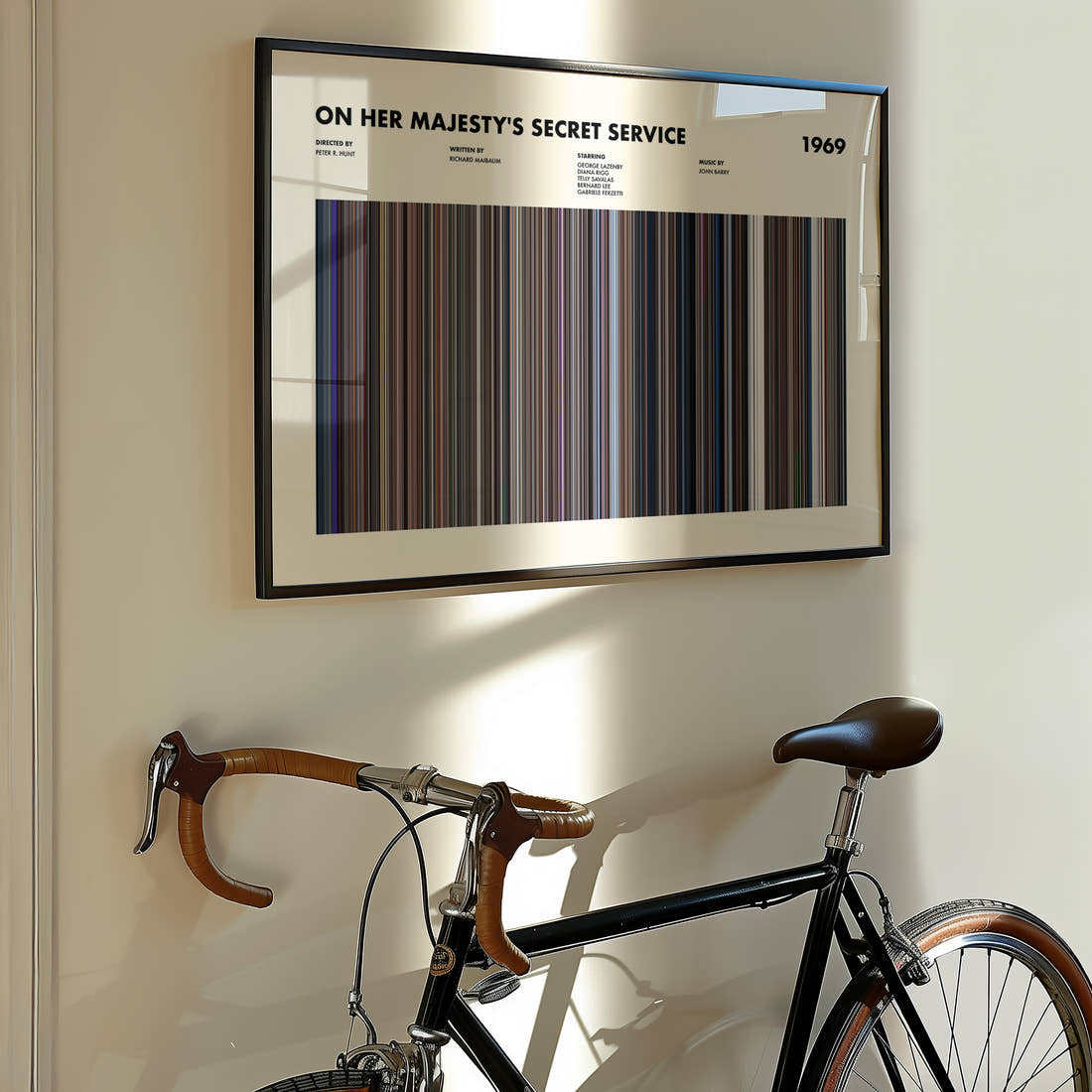 On Her Majesty's Secret Service Movie Barcode Poster framed on the wall of a styled room setting