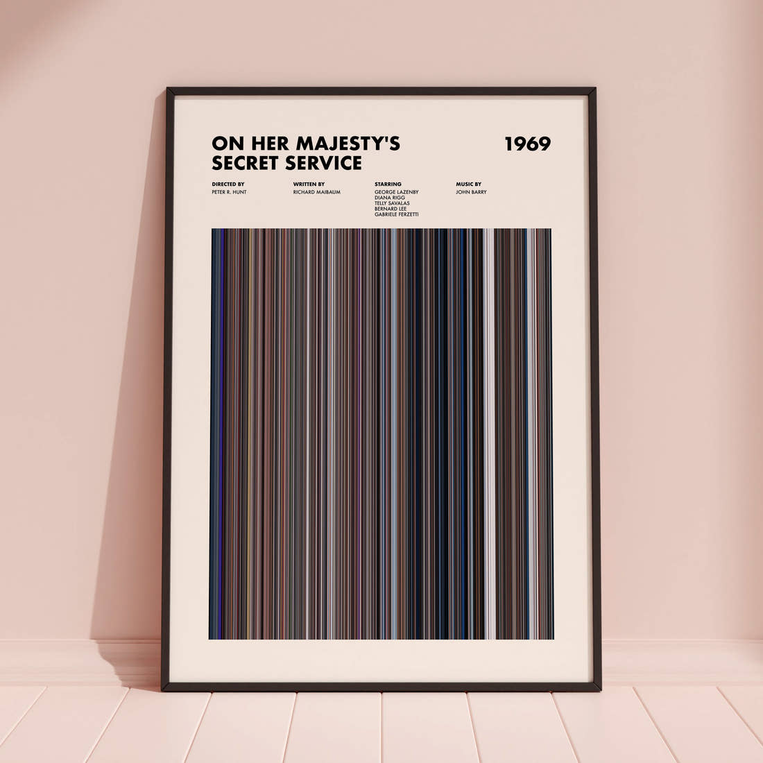 On Her Majesty's Secret Service Movie Barcode Poster framed and leaning against a coloured wall