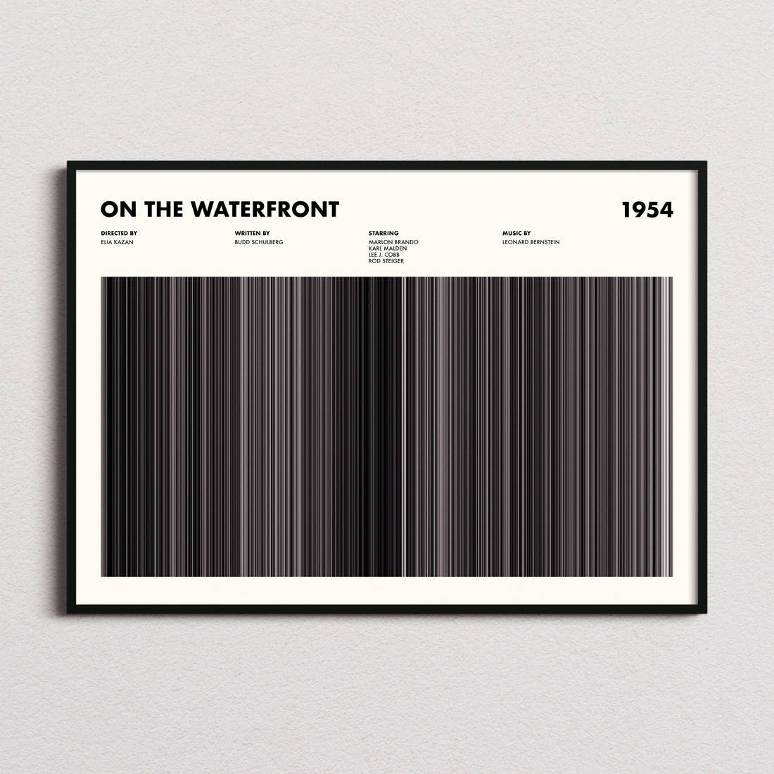 On The Waterfront Movie Barcode Poster framed and photographed straight on