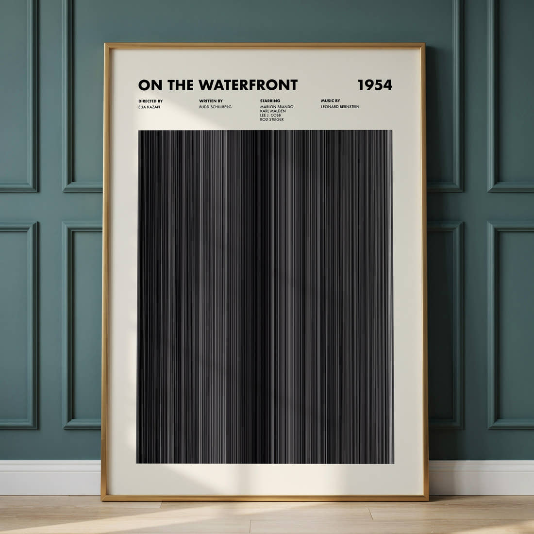 On The Waterfront Movie Barcode Poster framed and leaning against a panelled wall