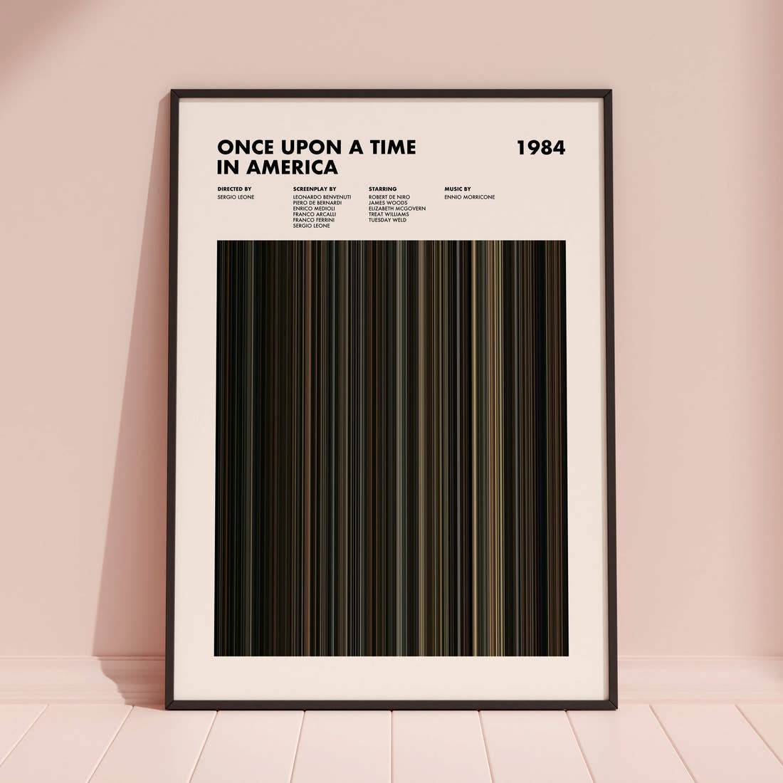 Once Upon a Time in America Movie Barcode Poster framed and leaning against a coloured wall