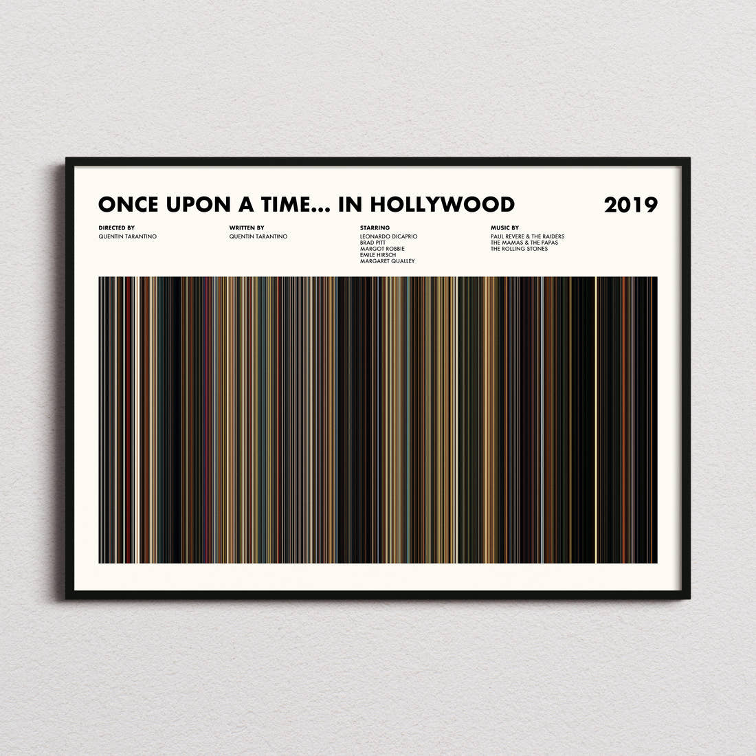 Once Upon A Time In Hollywood Movie Barcode Poster framed and photographed straight on