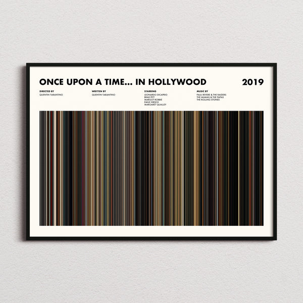 Once Upon A Time In Hollywood Movie Barcode Poster framed and photographed straight on