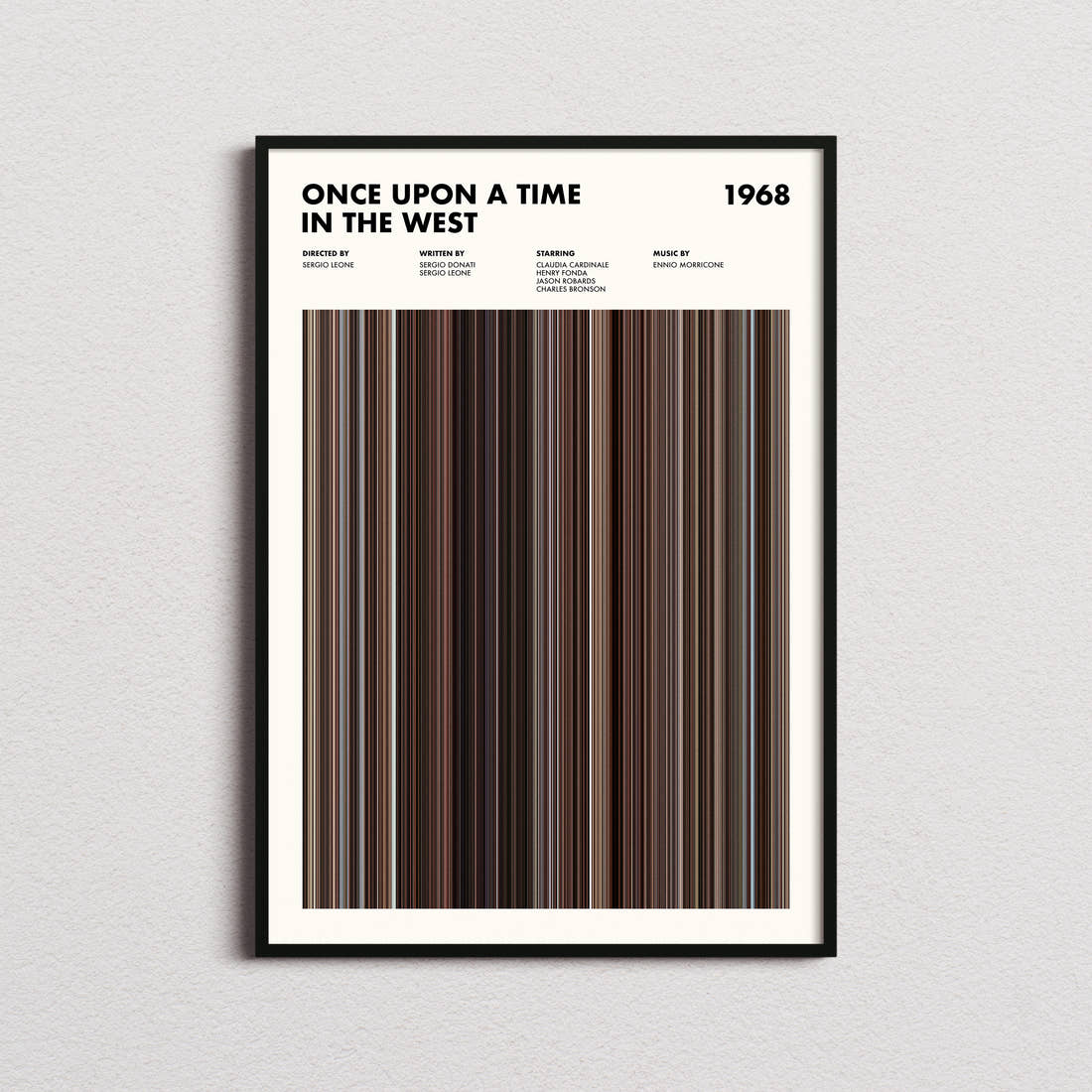 Once Upon A Time In The West Movie Barcode Poster framed on a plain studio wall