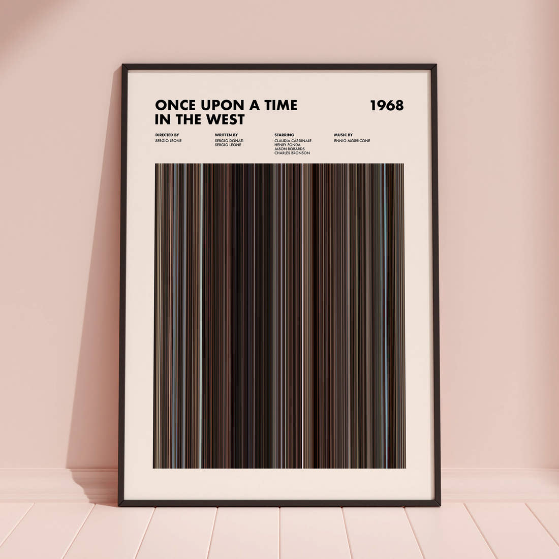 Once Upon A Time In The West Movie Barcode Poster framed and leaning against a coloured wall