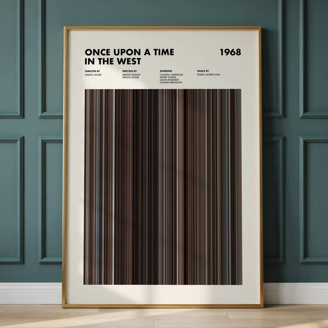 Once Upon A Time In The West Movie Barcode Poster framed and leaning against a panelled wall