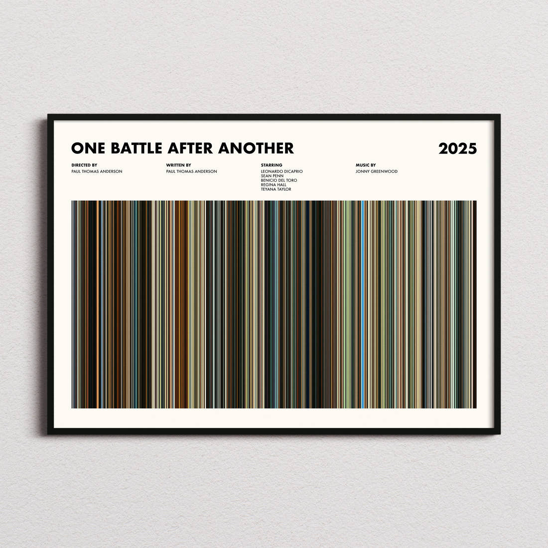 One Battle After Another Movie Barcode Poster framed and photographed straight on