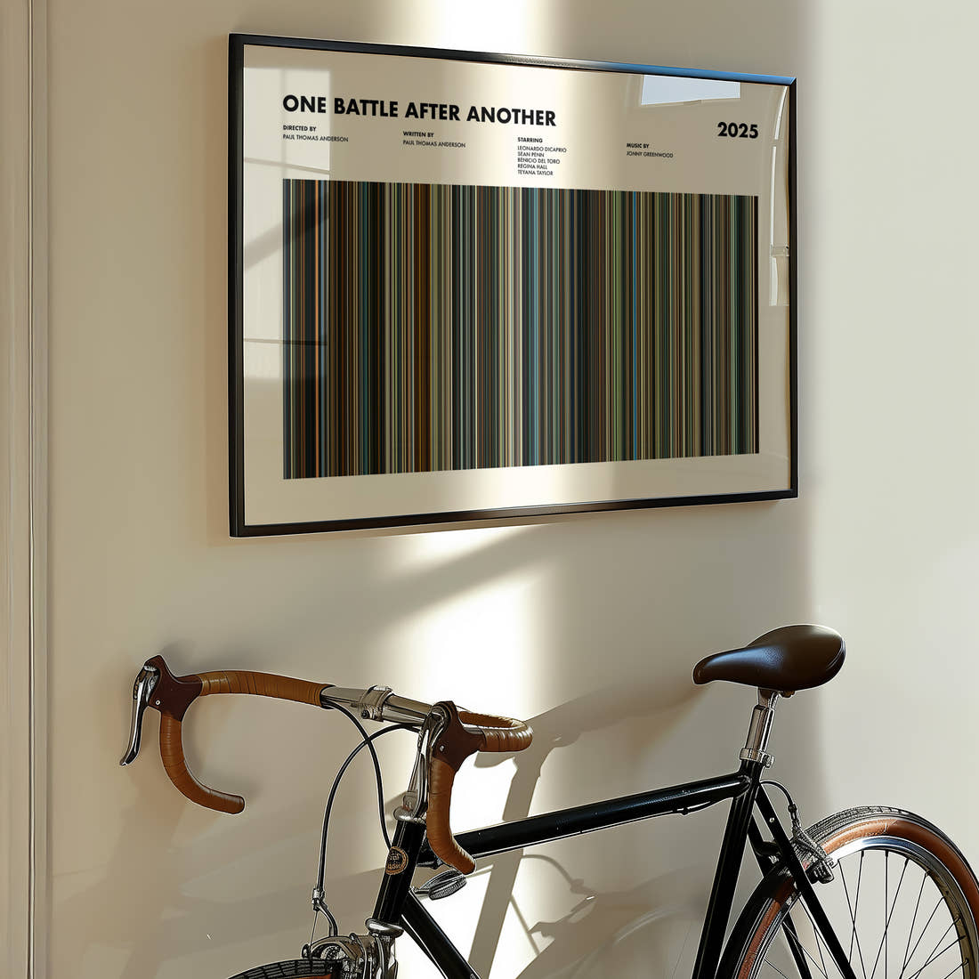 One Battle After Another Movie Barcode Poster framed on the wall of a styled room setting