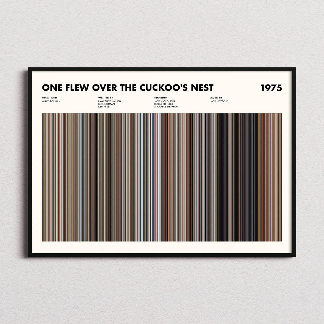 One Flew Over the Cuckoo's Nest Movie Barcode Poster framed and photographed straight on