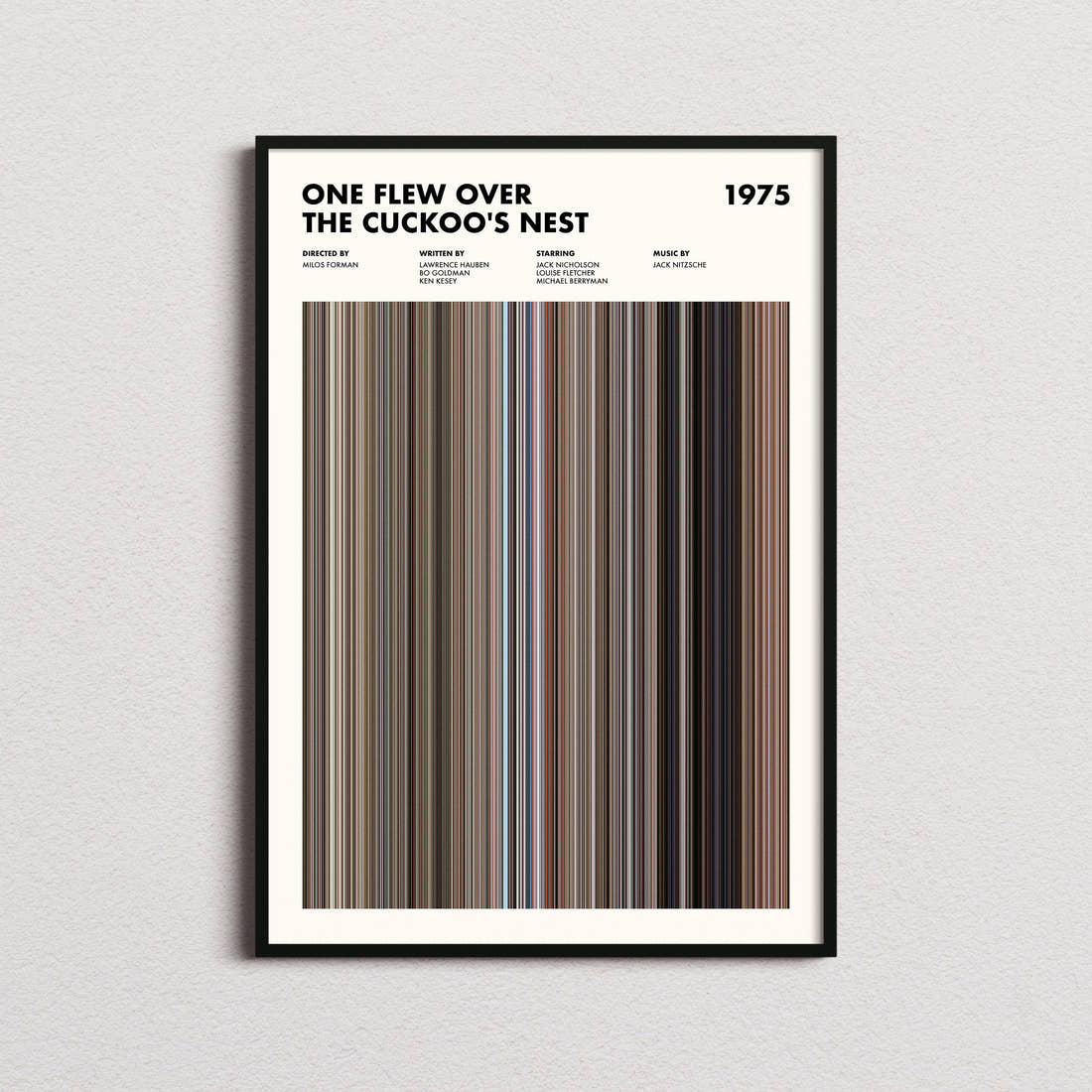 One Flew Over the Cuckoo's Nest Movie Barcode Poster framed on a plain studio wall